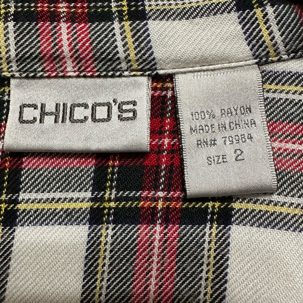 Chico's Scotch Plaid Button Up Shirt Long Sleeve Top Asian Calligraphy Sz 2 L - Picture 2 of 5